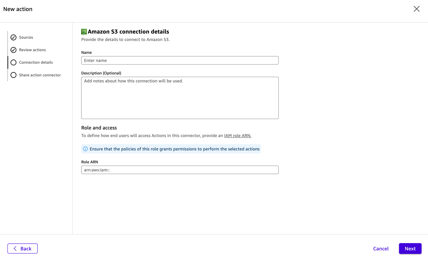 Amazon S3 action connector configuration form with connector name, description, and IAM role ARN fields
