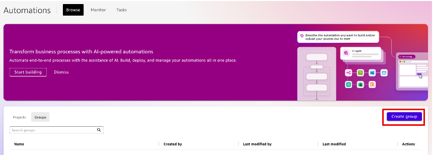 Automations page in the Amazon Quick console showing the Create Group option