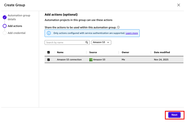 Add actions page with the Amazon S3 connection selected for the automation group