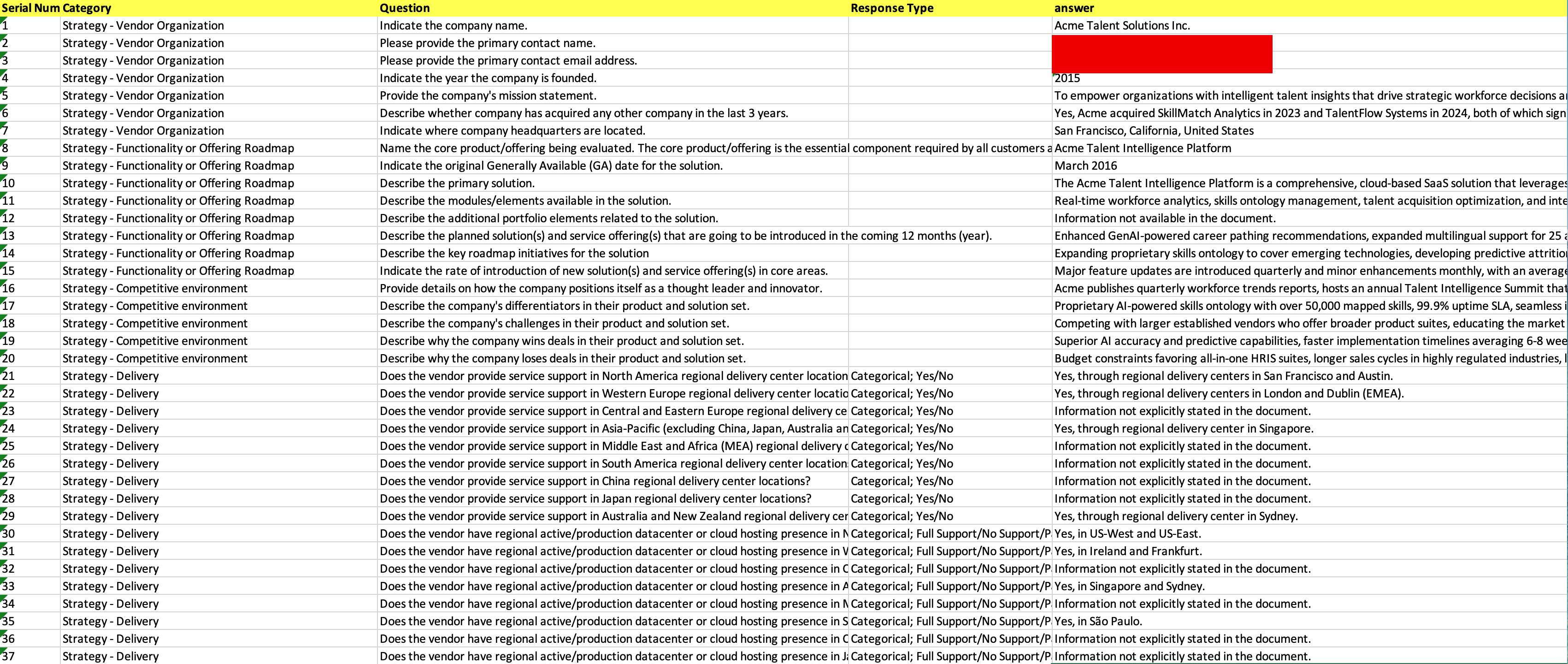 Workflow run output listing extracted questions with serial number, category, question, and response type columns