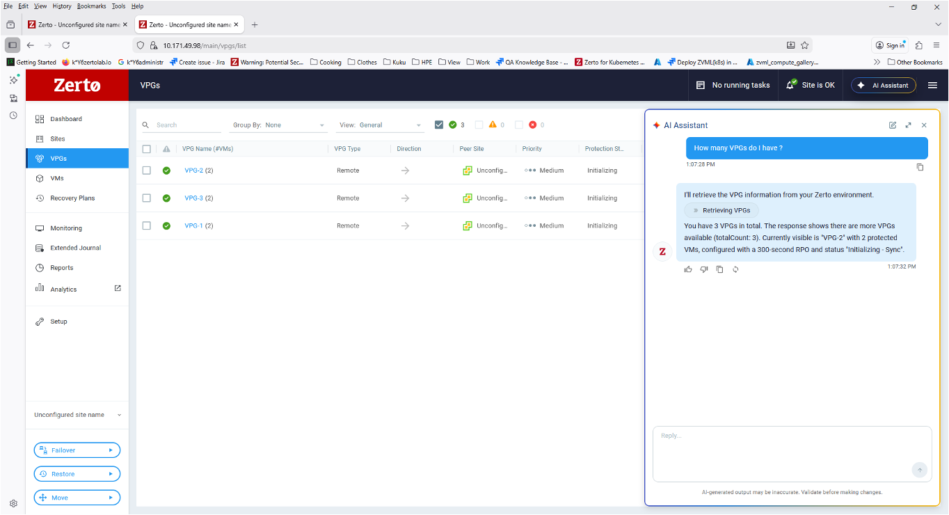 The agentic chat assistant embedded in the HPE Zerto management console
