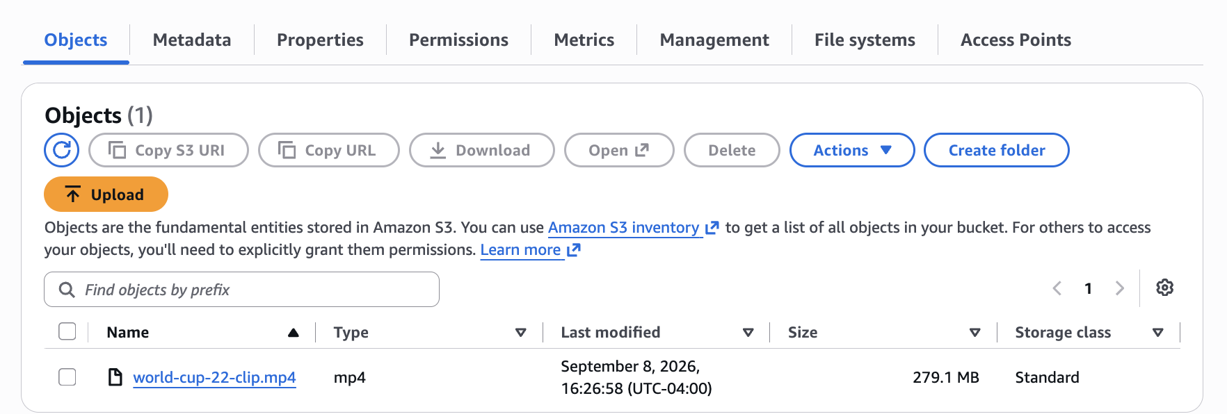 Amazon S3 bucket containing the uploaded soccer video file