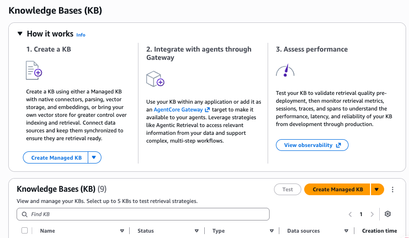 관리형 KB 생성을 나타내는 Amazon Bedrock Knowledge Bases 콘솔