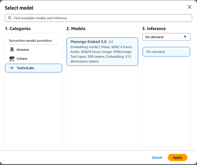 Model selection dialog with TwelveLabs Marengo Embed 3.0 chosen as the embedding model
