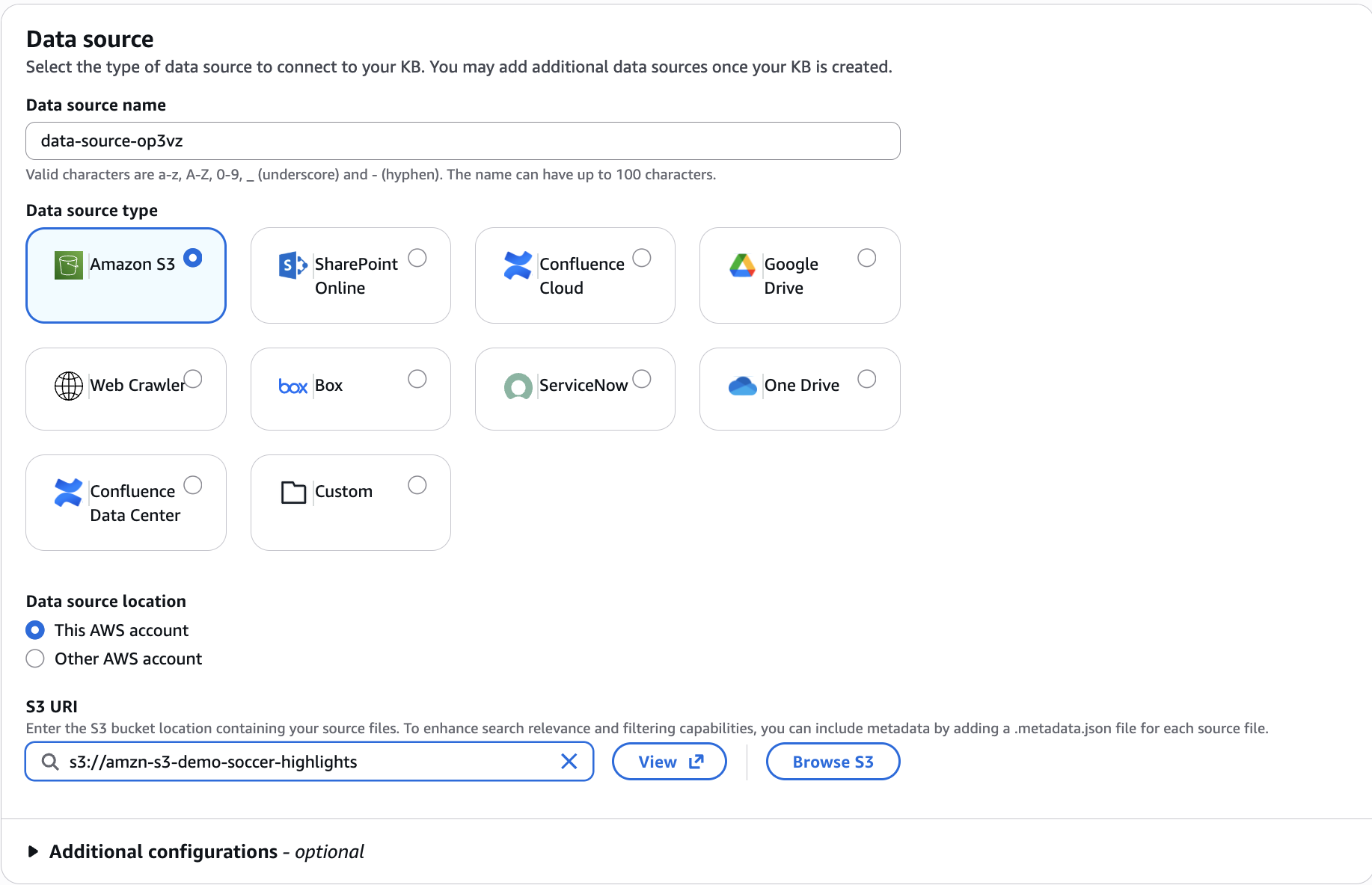 Amazon S3를 선택하고 S3 URI를 입력한 데이터 소스 구성 팬
