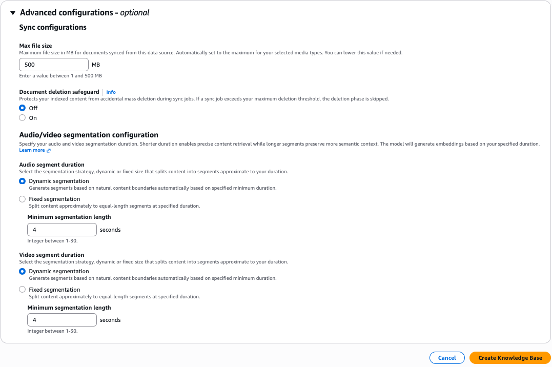 Advanced configuration pane showing audio and video segmentation settings