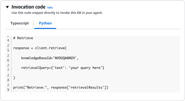Python code example using the Amazon Bedrock Retrieve API to query the knowledge base