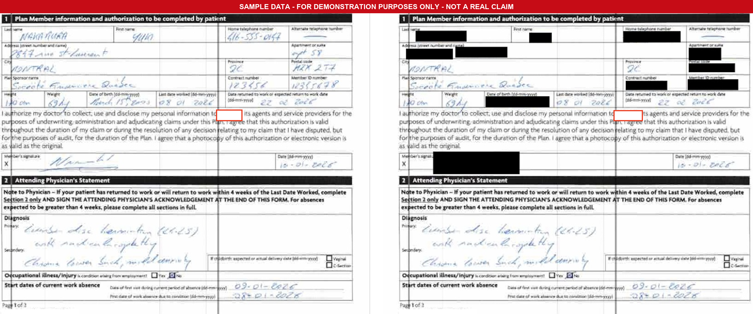 Handwritten Attending Physician Statement shown before and after redaction: patient PII removed, physician name and clinical notes retained