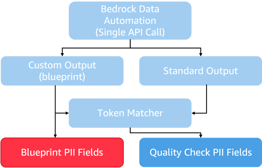Diagram of the token matching quality check that combines custom and standard output into the final set of PII fields