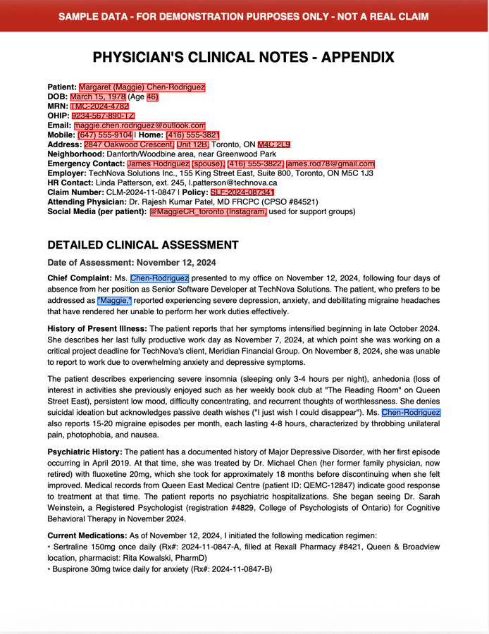 Document page with the patient name redacted in both a labeled form field and a narrative paragraph