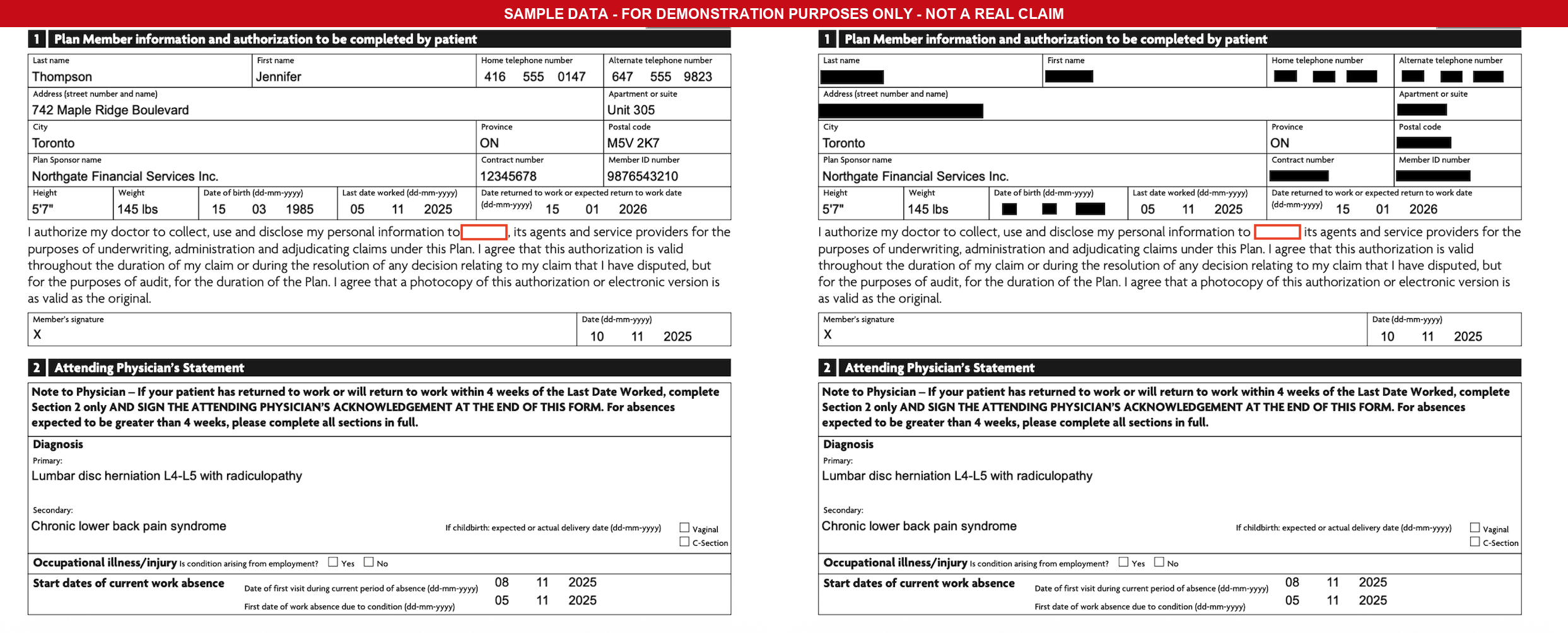 Typed physician statement before and after redaction, with black boxes over patient PII fields