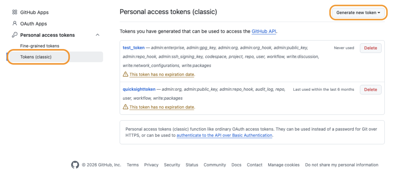 GitHub developer settings page for generating a personal access token