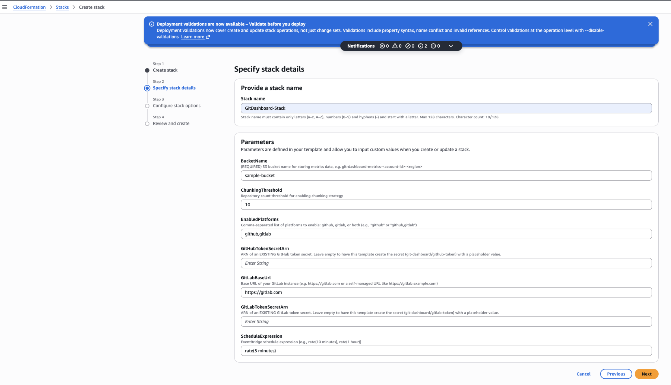 AWS CloudFormation Create stack page with the pipeline parameters filled in