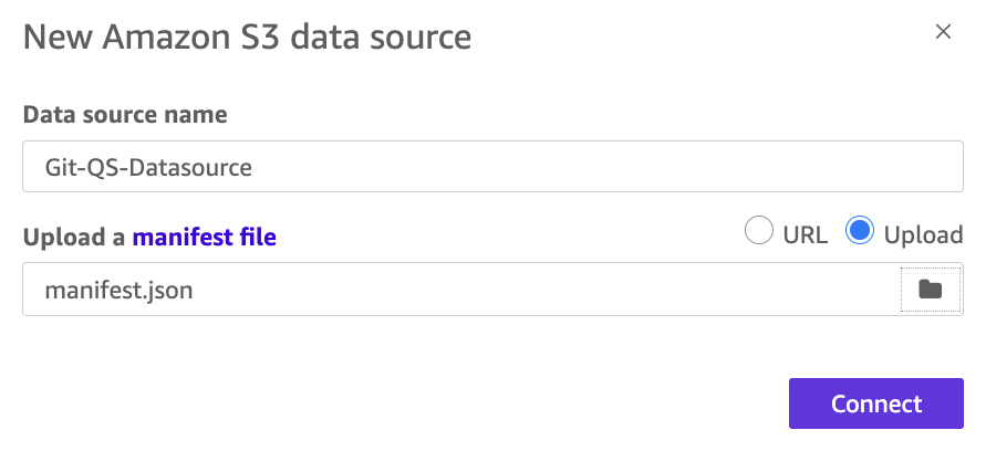 Amazon Quick Sight Amazon S3 data source dialog with the manifest file uploaded