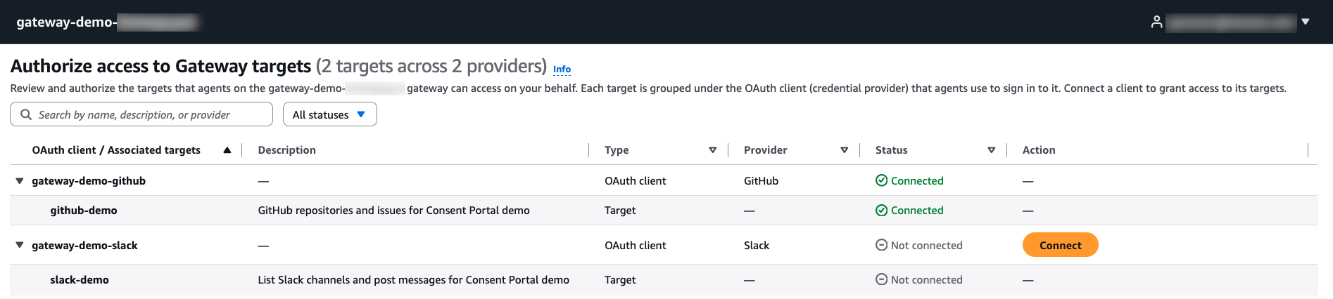 Consent portal showing GitHub Connected and Slack Not connected