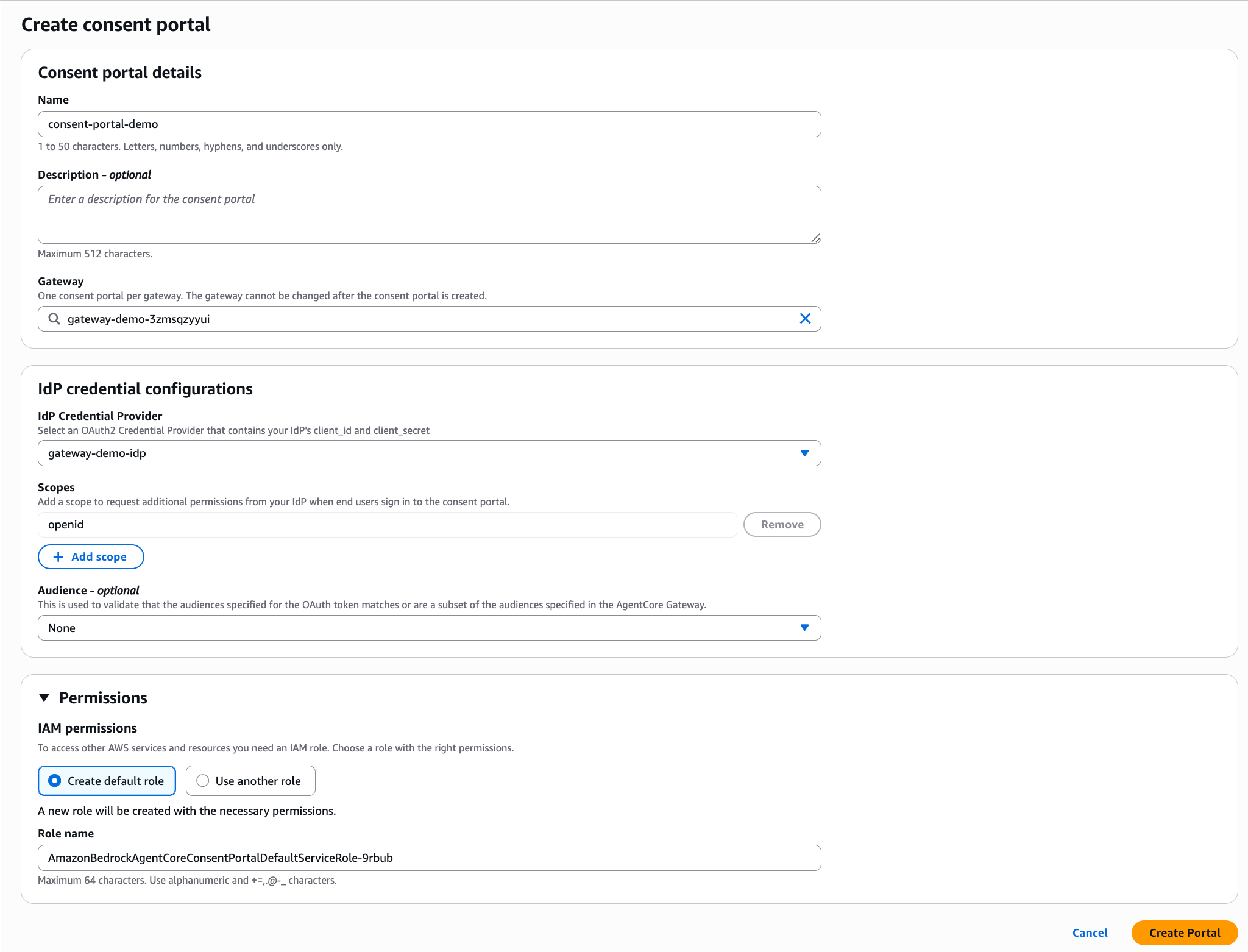 Consent portals section on the AgentCore Identity page listing portals in the account and Region