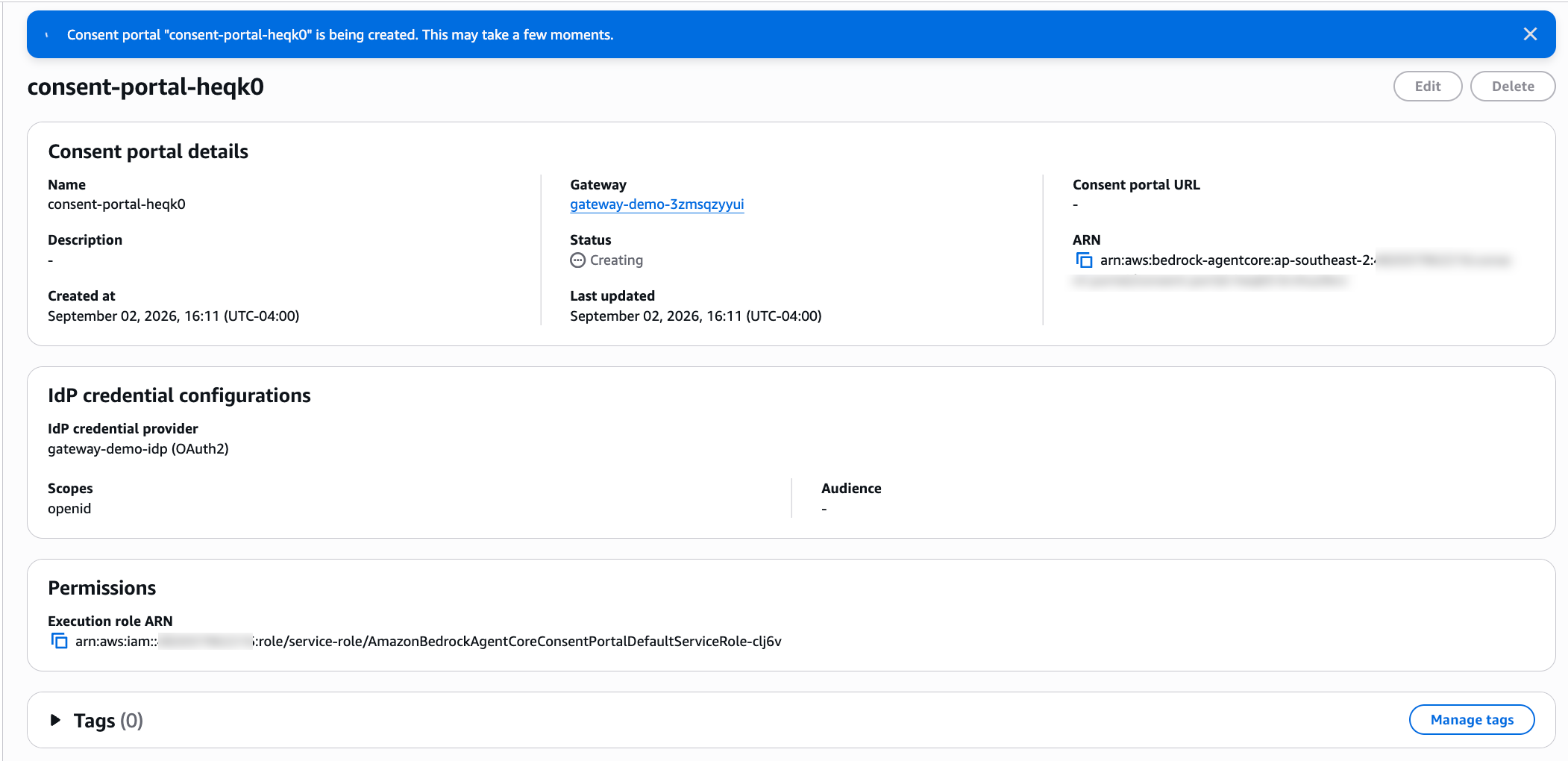 Consent portal detail page showing Creating status with the portal ARN and execution role but no URL yet