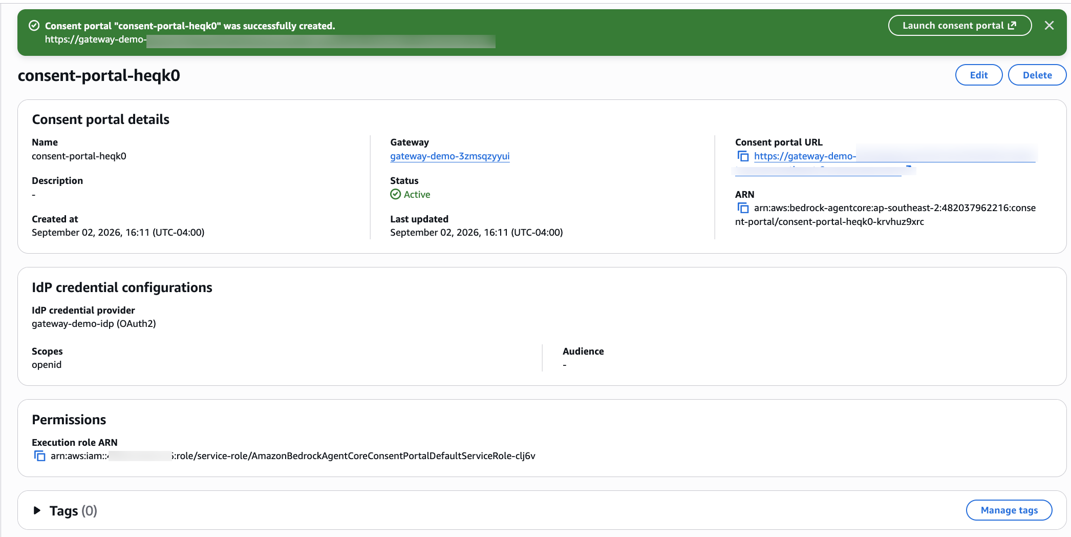 Consent portal detail page showing Active status with the assigned portal URL