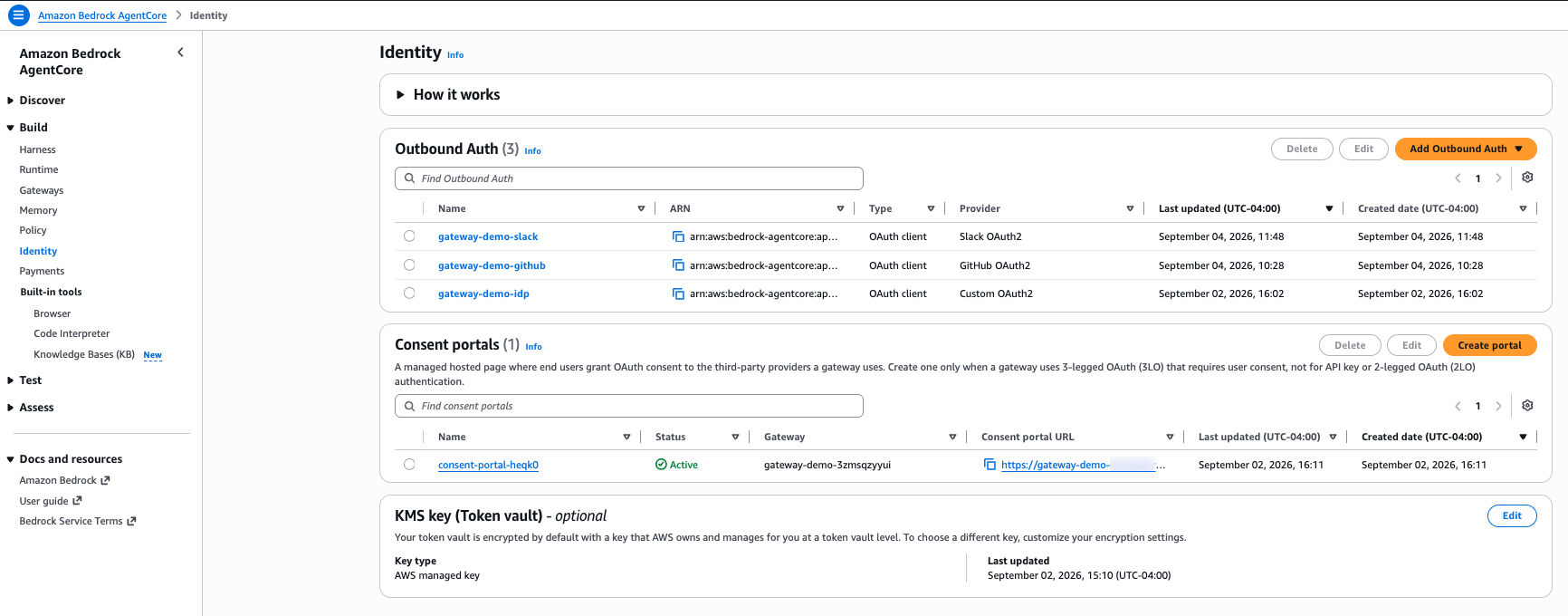 AgentCore Identity page showing one sign-in credential provider and separate GitHub and Slack outbound providers