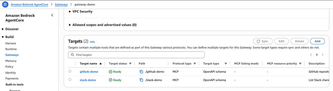 Gateway with independent GitHub and Slack targets, each linked to its own outbound OAuth provider