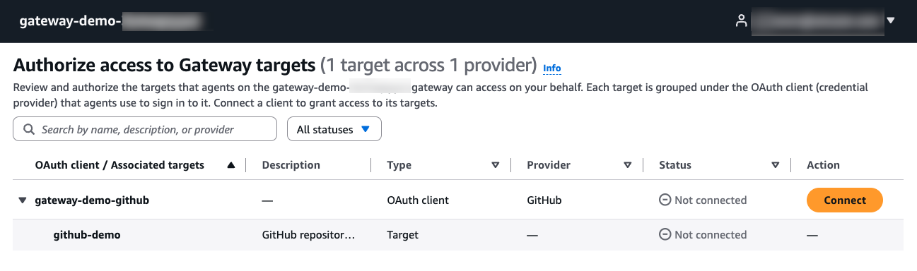 Consent portal Connections page showing GitHub OAuth client and target as Not connected