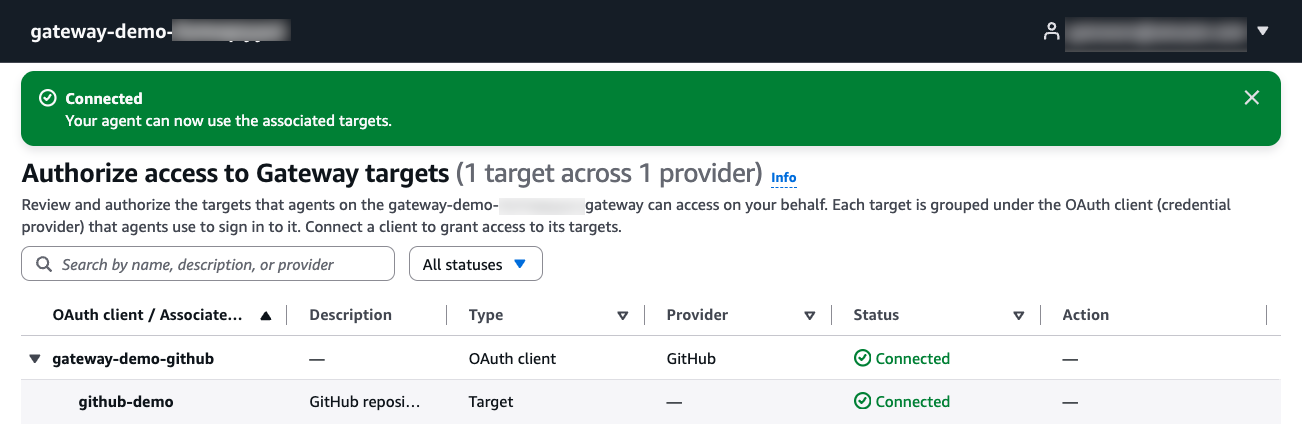 Consent portal showing the GitHub OAuth client and target as Connected after session binding