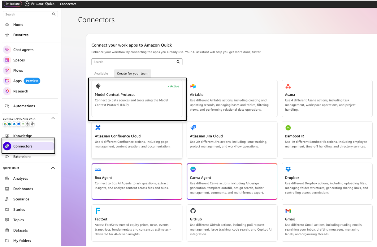 Connectors page in Amazon Quick