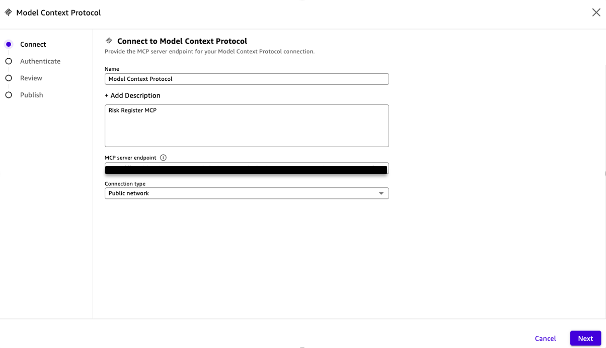 MCP server connection configuration in Amazon Quick, where you enter the AgentCore Gateway endpoint