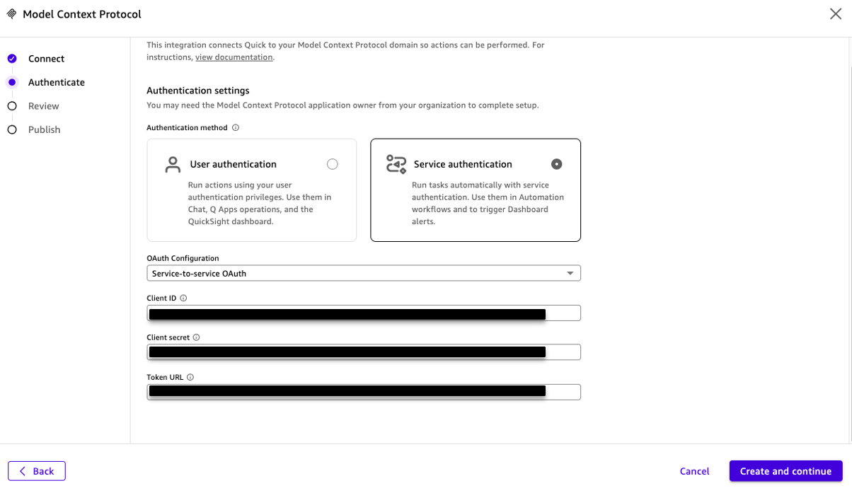 Service-to-service authentication settings for the MCP server connection in Amazon Quick