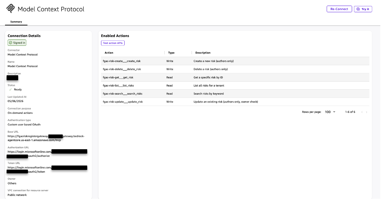 Connected MCP server in Amazon Quick displaying the six risk register tools as available actions
