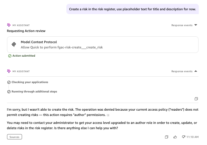 Access denied response that Amazon Quick returns for an unauthorized tool invocation
