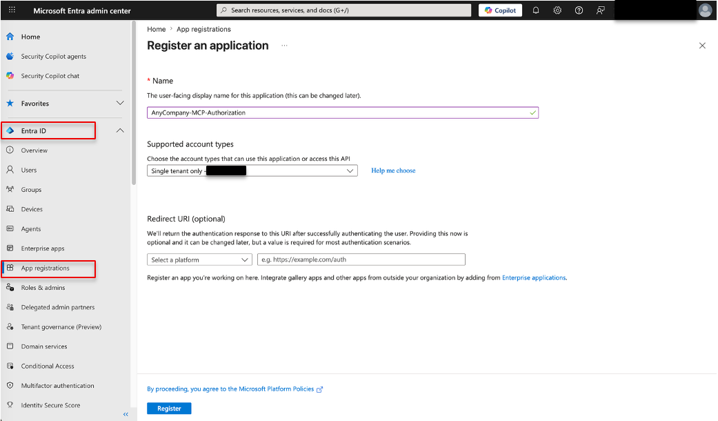 Completed Entra ID app registration form for the resource application with the name entered and single-tenant selected