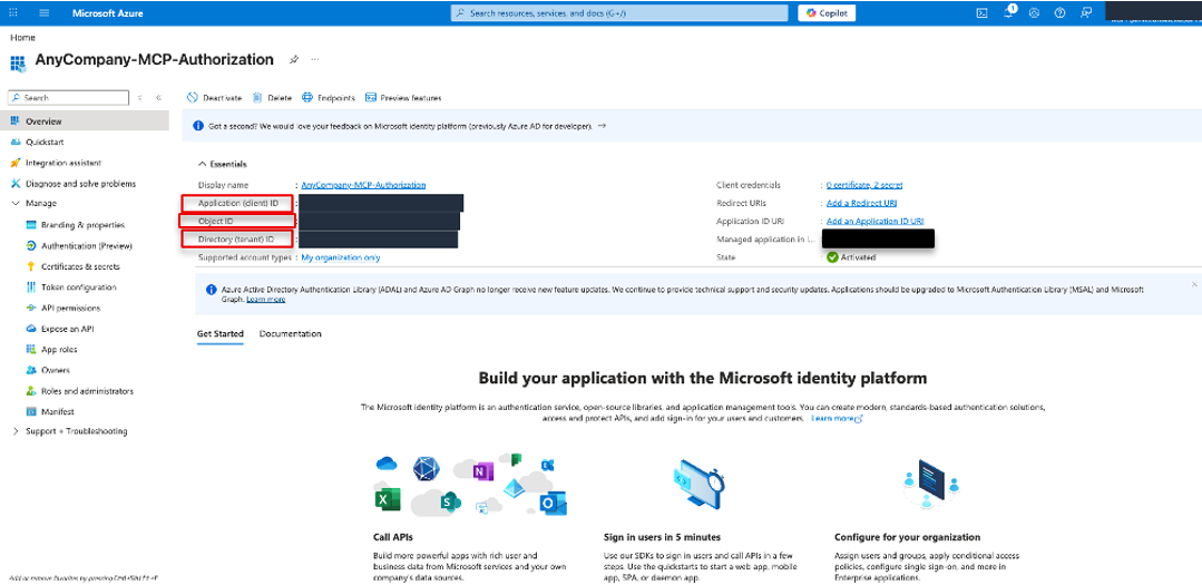 Entra ID Overview page showing the Application (client) ID, Object ID, and Directory (tenant) ID for the resource application