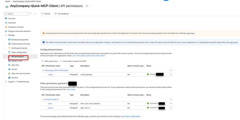 Client application API permissions after admin consent, with the invoke scope granted on the resource application