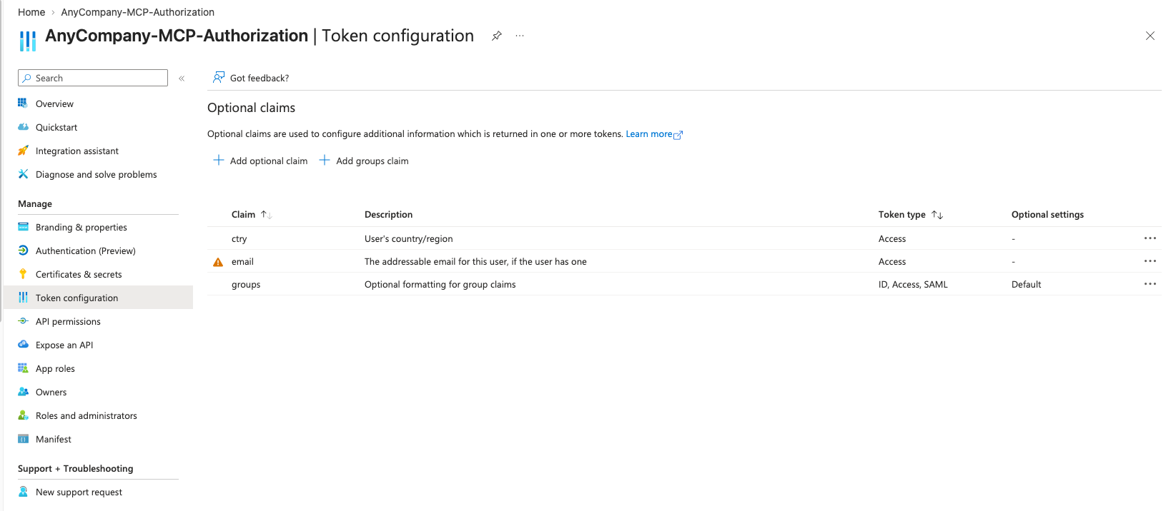 Token configuration page in Entra ID with the groups claim added for the access token