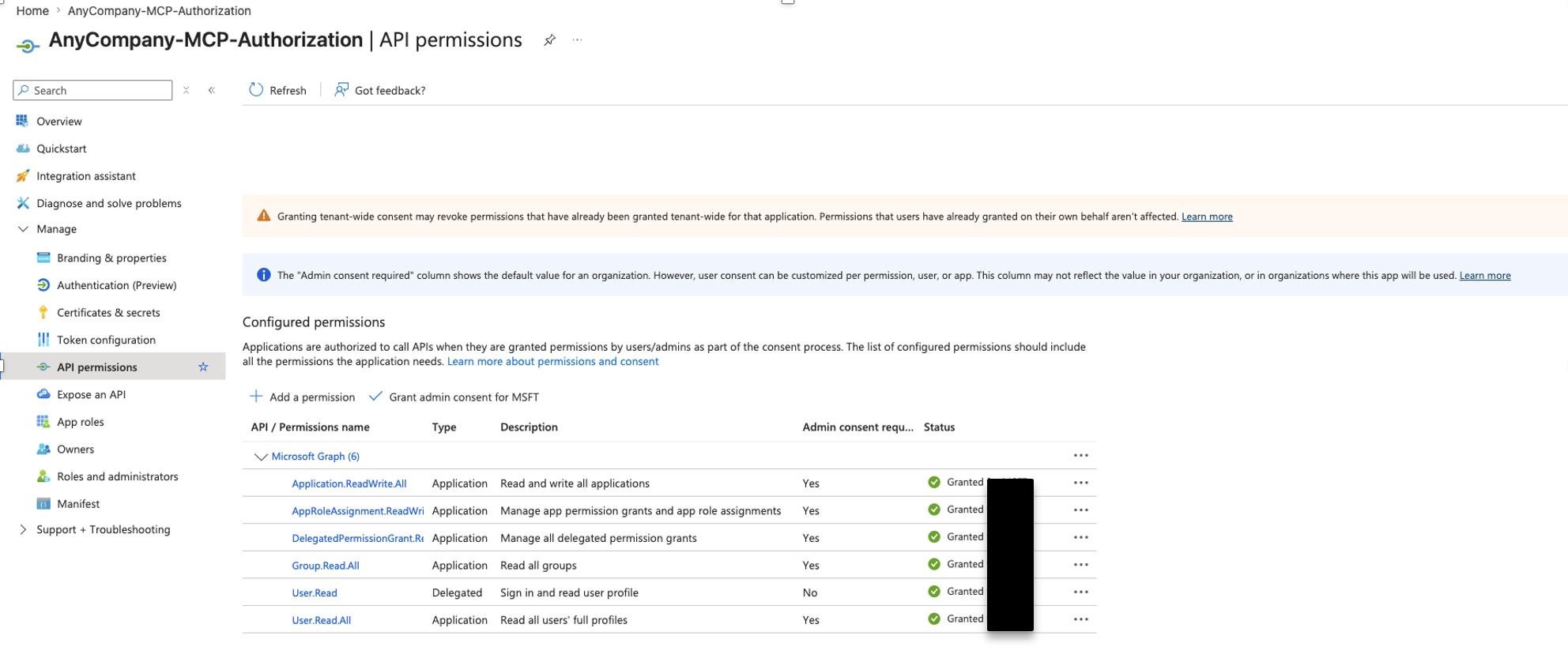 Microsoft Graph API permissions page with admin consent granted for the claims