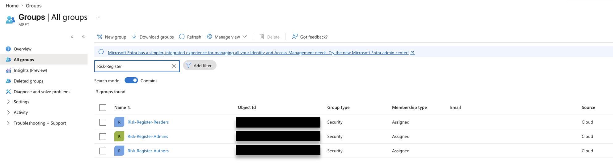 The three security groups Risk-Register-Readers, Risk-Register-Authors, and Risk-Register-Admins created in Microsoft Entra ID