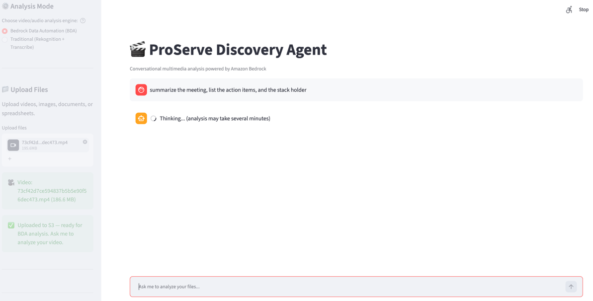 Video intelligence web interface with a chat panel for natural language queries and a sidebar for file uploads and analysis mode selection