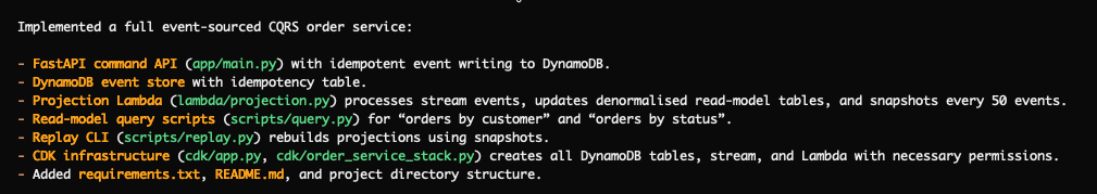 OpenCode generating the event-sourced CQRS order service with GPT-OSS 120B in the terminal