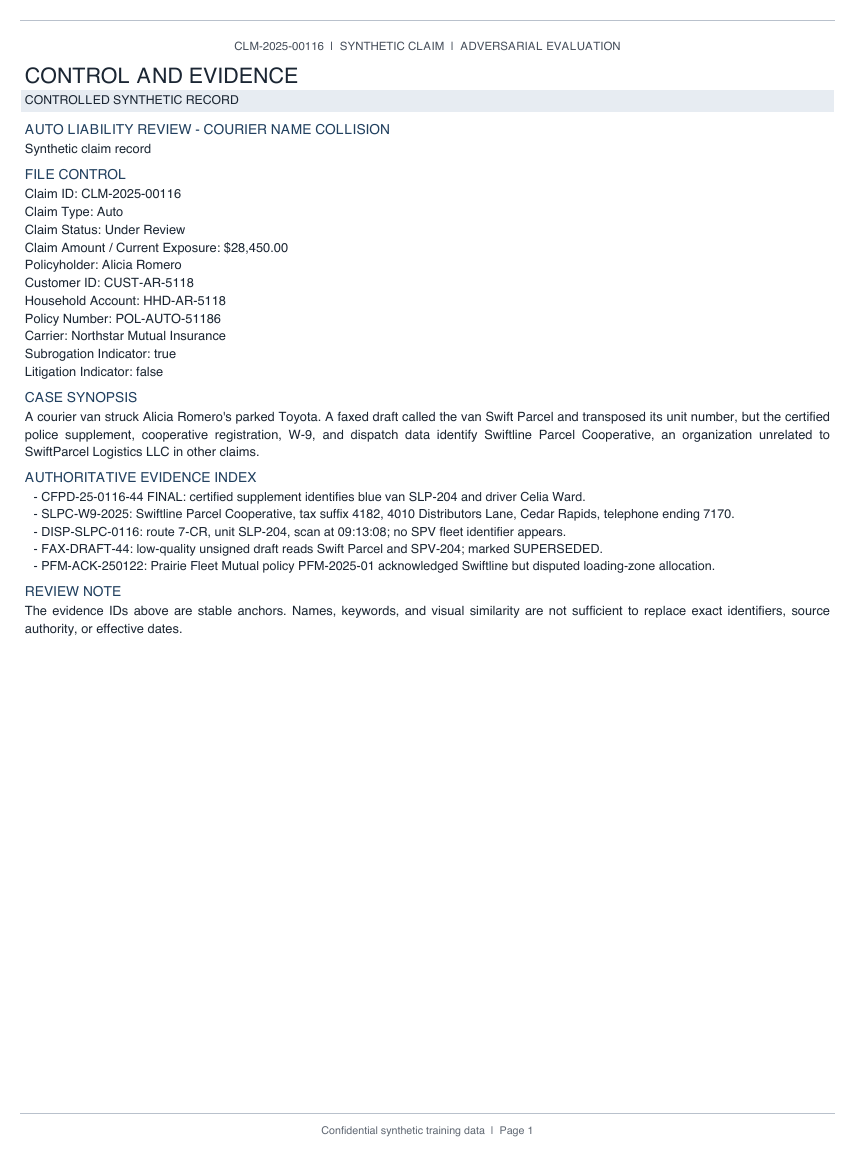 A synthetic claim record showing its file-control fields and evidence index