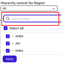 Amazon Quick Sight hierarchy control with the top-level search bar highlighted, which searches only the highest level