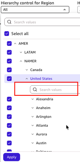 Amazon Quick Sight hierarchy control with a lower-level search box highlighted beneath United States