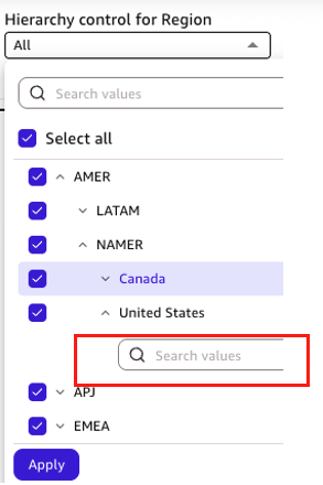 Amazon Quick Sight hierarchy control where a level with more than 1,000 values shows only a search box and no listed values