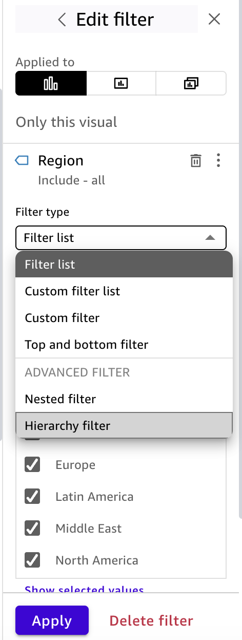 Amazon Quick Sight Edit filter pane with the Filter type menu open and Hierarchy filter listed under Advanced filter