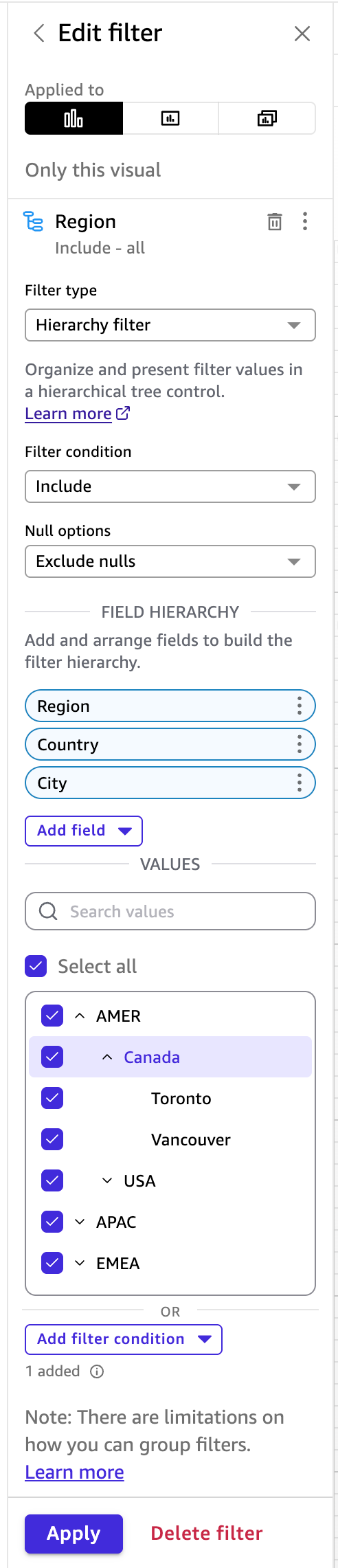 Amazon Quick Sight Field hierarchy section with Region, Country, and City arranged parent to child, and their values shown as an expandable tree