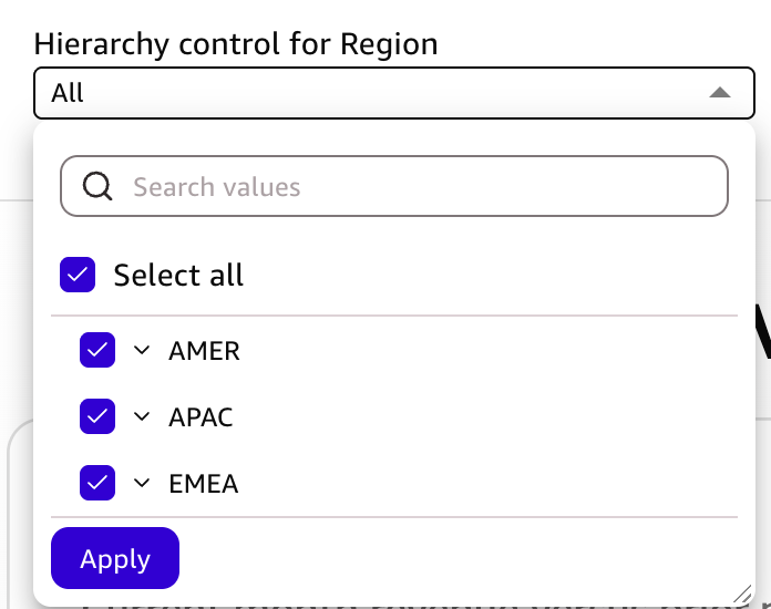 Collapsed Amazon Quick Sight hierarchy control showing only the top-level regions AMER, APAC, and EMEA, each with an expand arrow