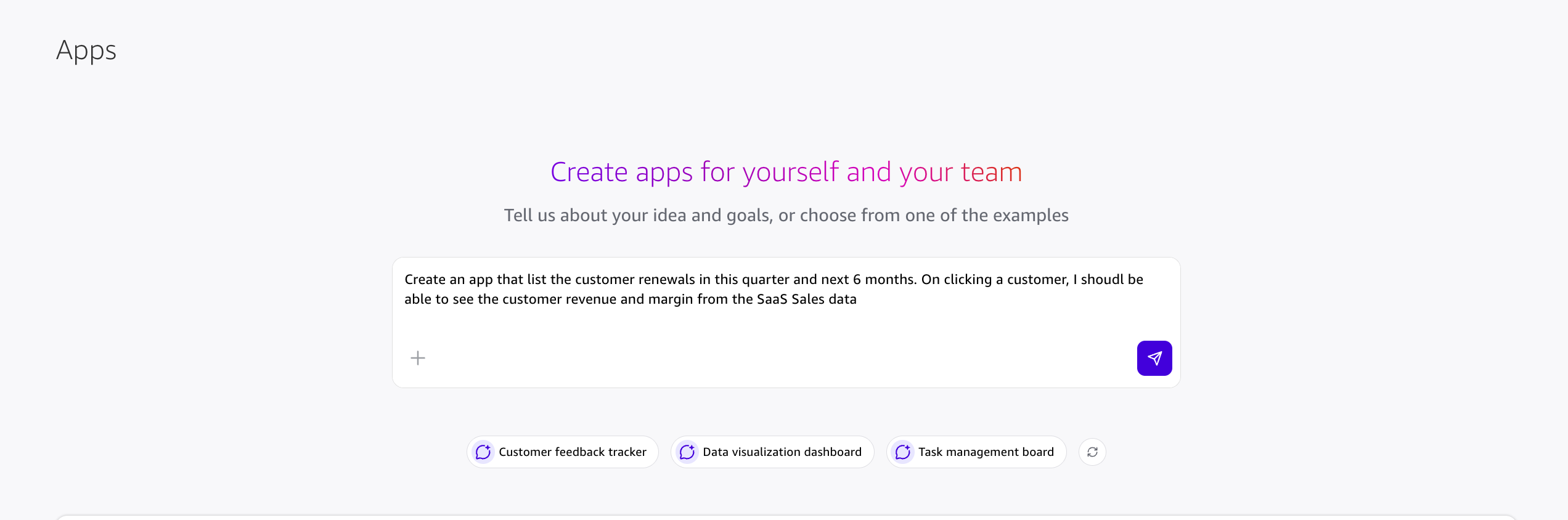 Amazon Quick Apps prompt box with a natural language request to list customer renewals