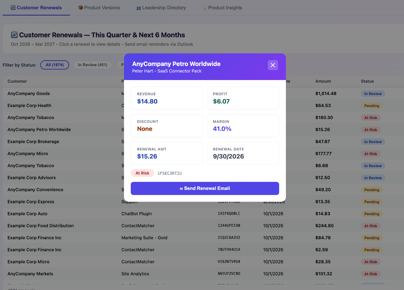 App workflow listing deal renewals with filters and a revenue pop-up for a selected deal