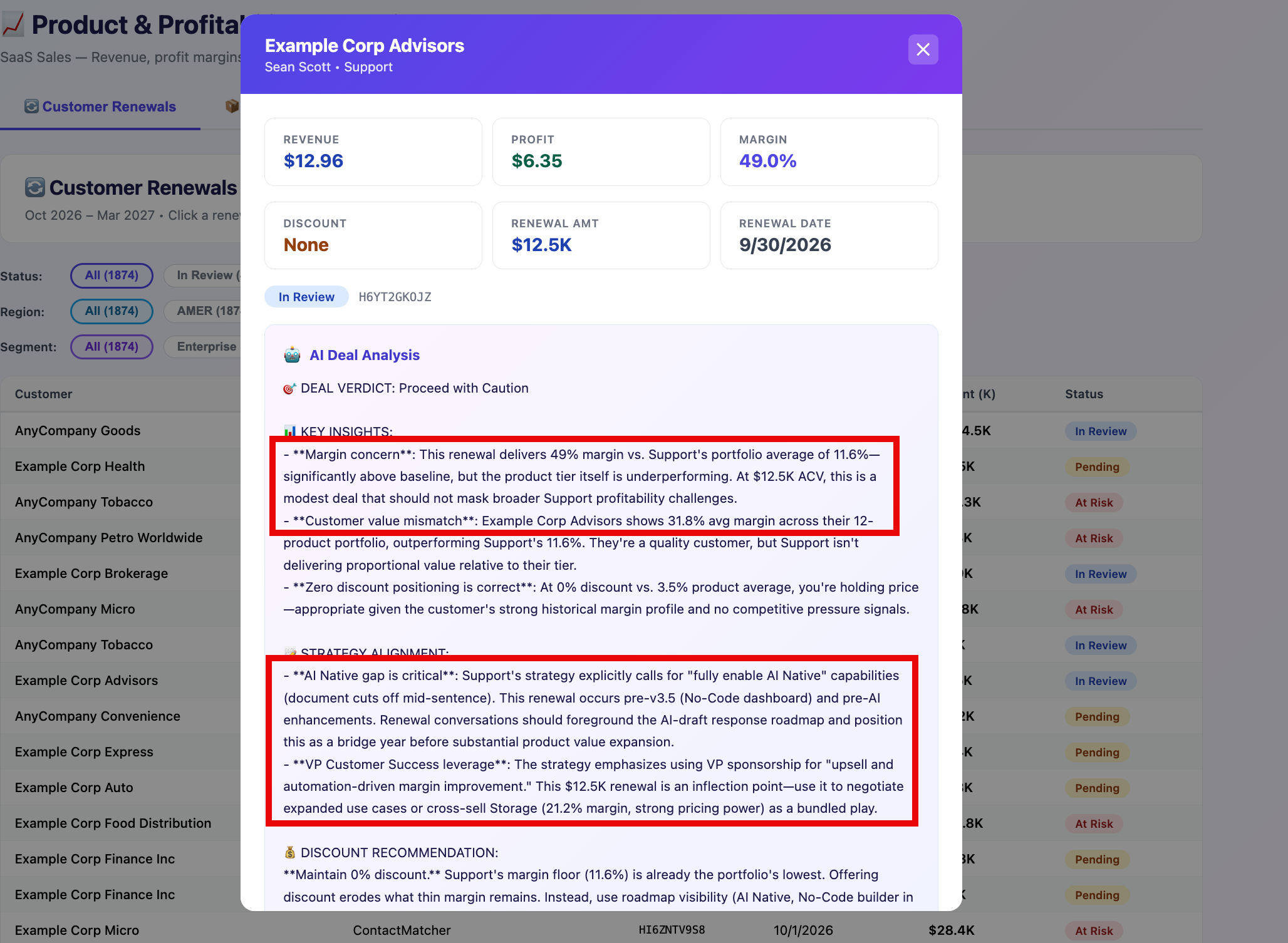 AI summary overlay recommending whether to proceed with a deal, combining revenue data and product strategy