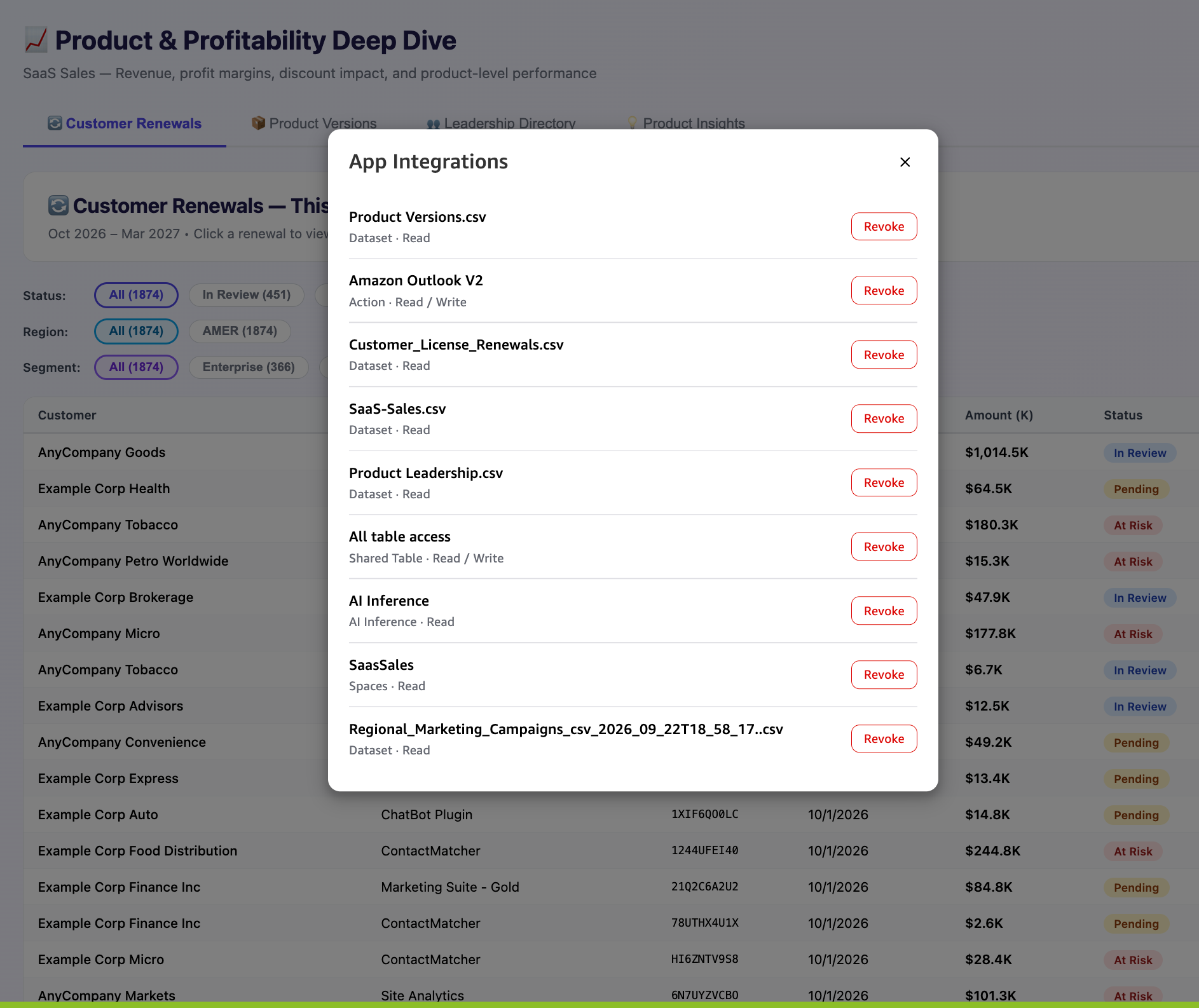 Manage integrations pop-up listing all data, content, and connector integrations the app uses